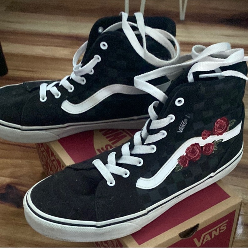 Vans Black and White High-Tops with Red Rose Detail